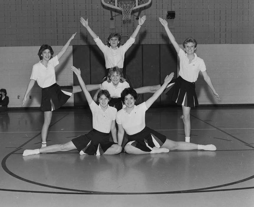 Portraits - Group, Schools and Education, history, Photos, Children, gym, Iowa, IA, skirt, Sports, cheerleading, United States, basketball hoop, ia, Coon Rapids Enterprise, cheerleaders, historic, Coon Rapids