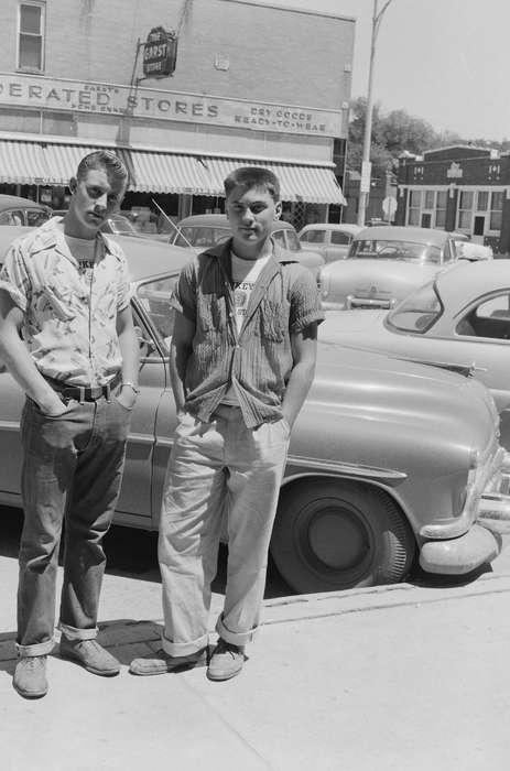 Portraits - Group, storefront, United States, history, ia, Photos, Main Streets & Town Squares, dry goods store, car, Coon Rapids Enterprise, historic, button up, Iowa, IA, jeans, Coon Rapids, Motorized Vehicles
