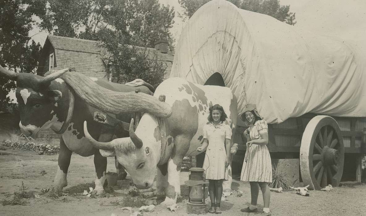covered wagon, ox, oxen, pose, silly, sisters, wagon