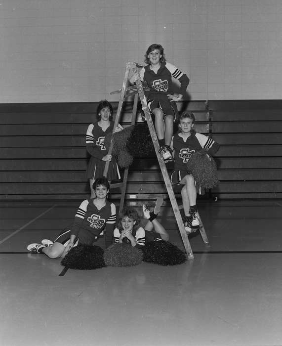 Portraits - Group, Schools and Education, history, bleachers, Photos, Children, gym, ladder, Iowa, IA, cheer, cheerleader, Sports, cheerleading, pom poms, United States, ia, Coon Rapids Enterprise, historic, Coon Rapids