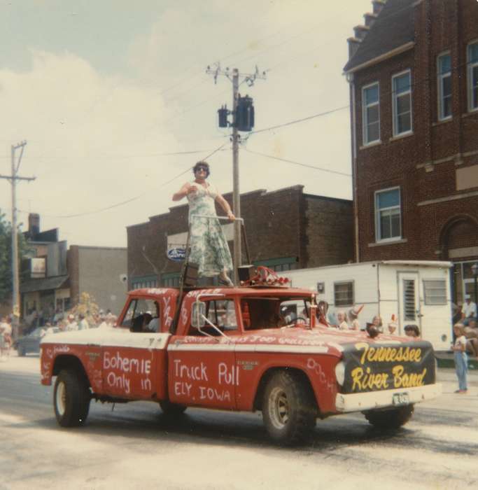history of Iowa, Iowa History, truck, Solon, IA, Motorized Vehicles, drag, Iowa, Lokmer, Trish, float, Main Streets & Town Squares, Fairs and Festivals, cross dressing, Cities and Towns