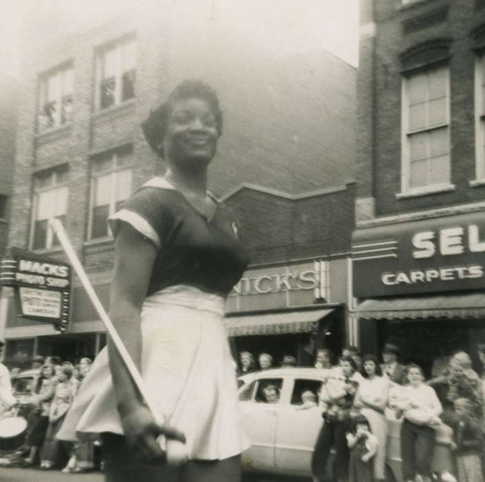 Cities and Towns, Sports, parade, People of Color, Iowa History, african american, Cook, Beverly, history of Iowa, Waterloo, IA, Fairs and Festivals, Entertainment, Portraits - Individual, baton, Iowa