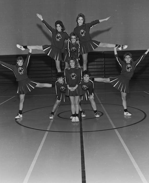 Portraits - Group, Schools and Education, history, human pyramid, Photos, Children, gym, Iowa, IA, cheer, team, Sports, cheerleading, United States, uniforms, ia, Coon Rapids Enterprise, historic, Coon Rapids