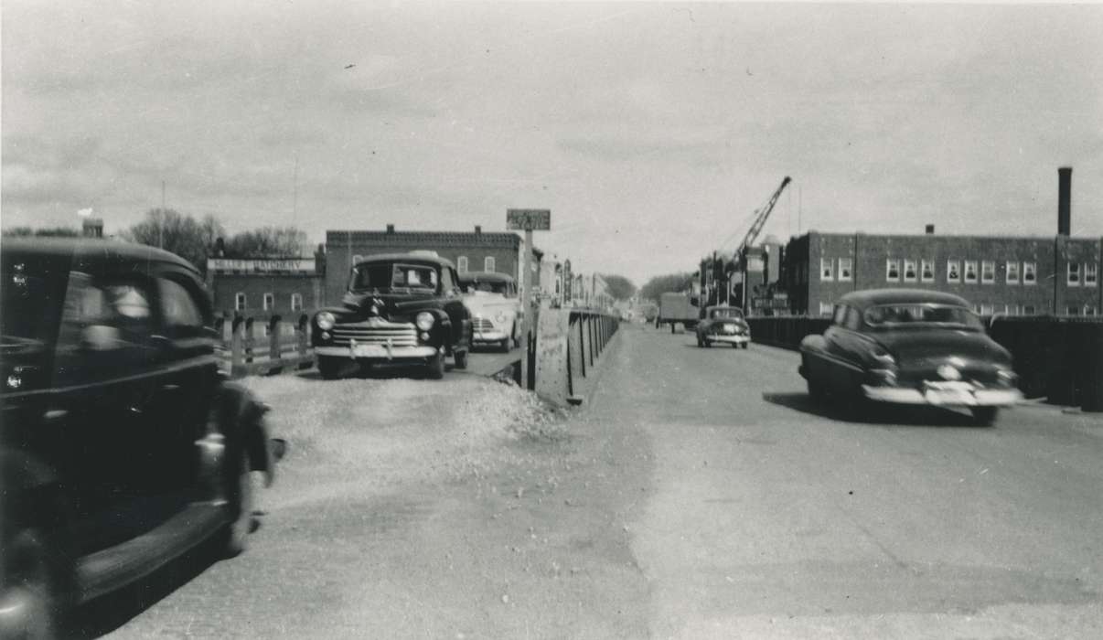 history of Iowa, Cities and Towns, crane, car, main street, Waverly Public Library, bridge, Iowa History, Waverly, IA, Iowa, Motorized Vehicles, Main Streets & Town Squares