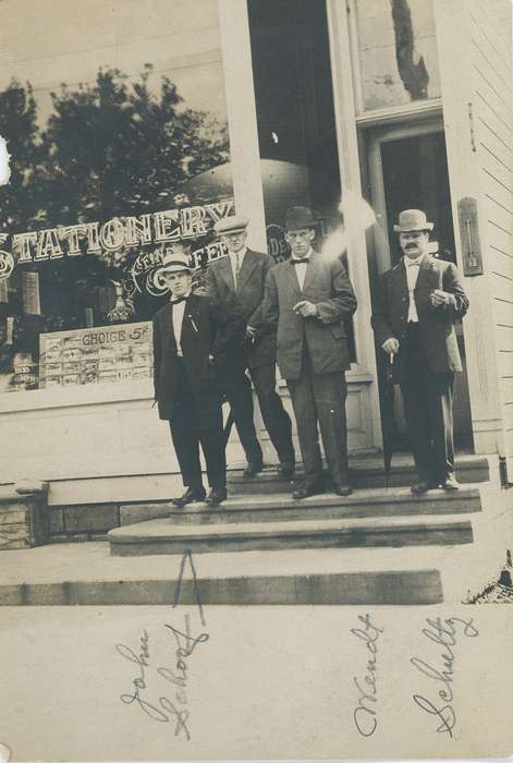 Iowa, Businesses and Factories, Portraits - Group, stationary store, Waverly, IA, hats, Waverly Public Library, cap, history of Iowa, steps, Iowa History, large group picture