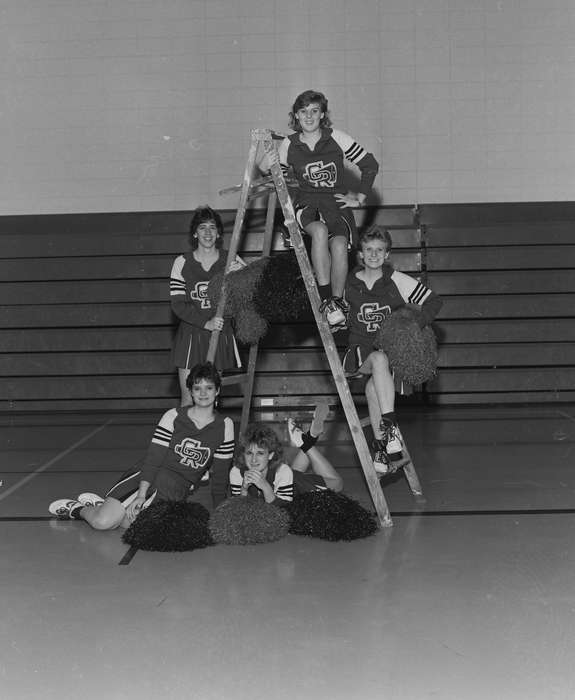 Portraits - Group, Schools and Education, history, Photos, Children, gym, ladder, Iowa, IA, cheer, team, Sports, cheerleading, pom poms, United States, ia, Coon Rapids Enterprise, historic, Coon Rapids