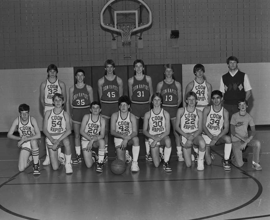 Portraits - Group, Schools and Education, history, basketball players, Photos, Children, gym, Iowa, IA, basketball team, Sports, team, United States, basketball, basketball uniform, basketball hoop, ia, Coon Rapids Enterprise, historic, Coon Rapids