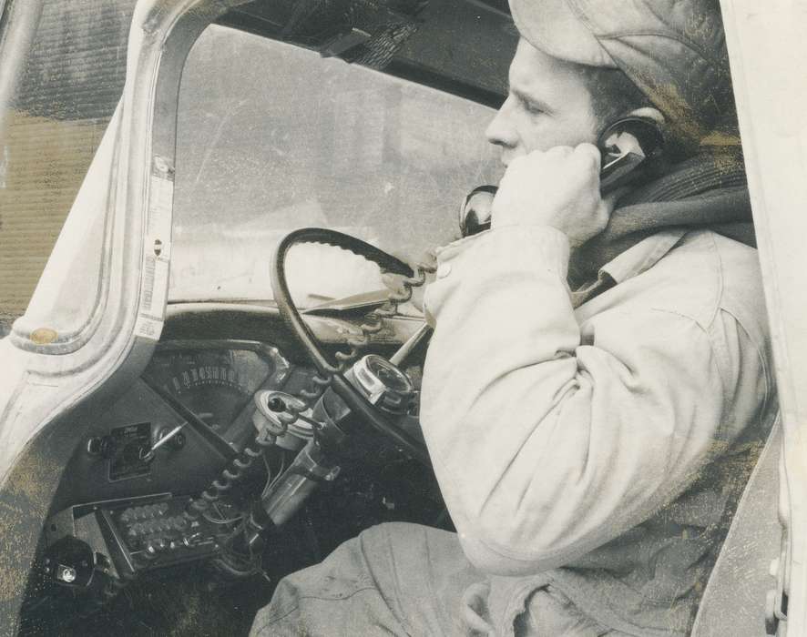 Labor and Occupations, steering wheel, phone, jacket, cap, Portraits - Individual, history, historic, Motorized Vehicles, Iowa, Coon Rapids Enterprise, trucker, ia, Photos
