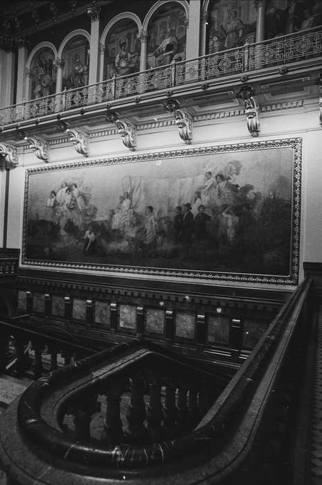 staircase, history of Iowa, mural, paint, railing, Iowa History, Lemberger, LeAnn, Cities and Towns, capitol, Des Moines, IA, Iowa, artwork