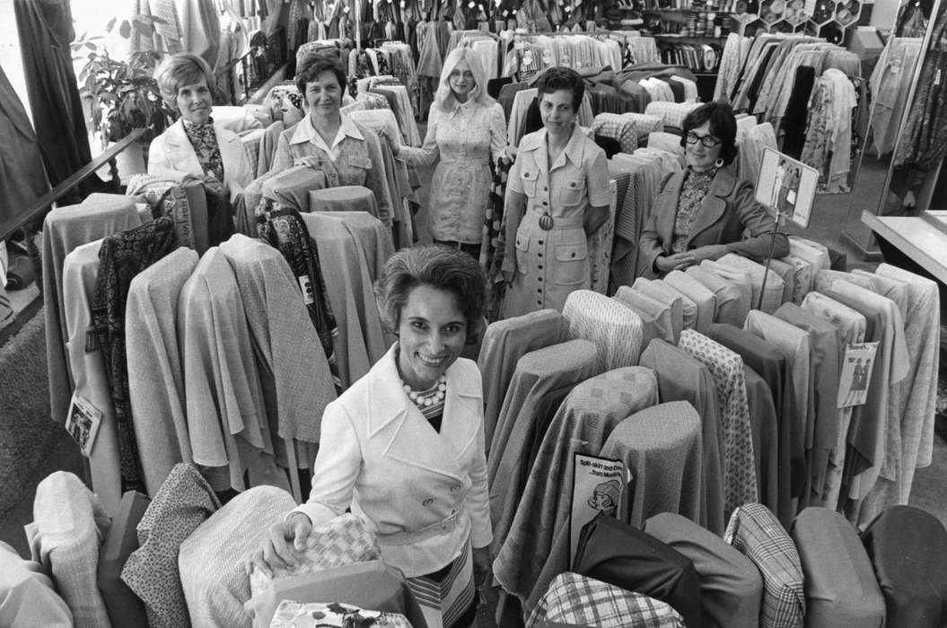 woman, fabric, Iowa History, Iowa, Ely, IA, history of Iowa, Portraits - Group, Businesses and Factories, store, Karns, Mike, Labor and Occupations, sewing, fabric store, hairstyle