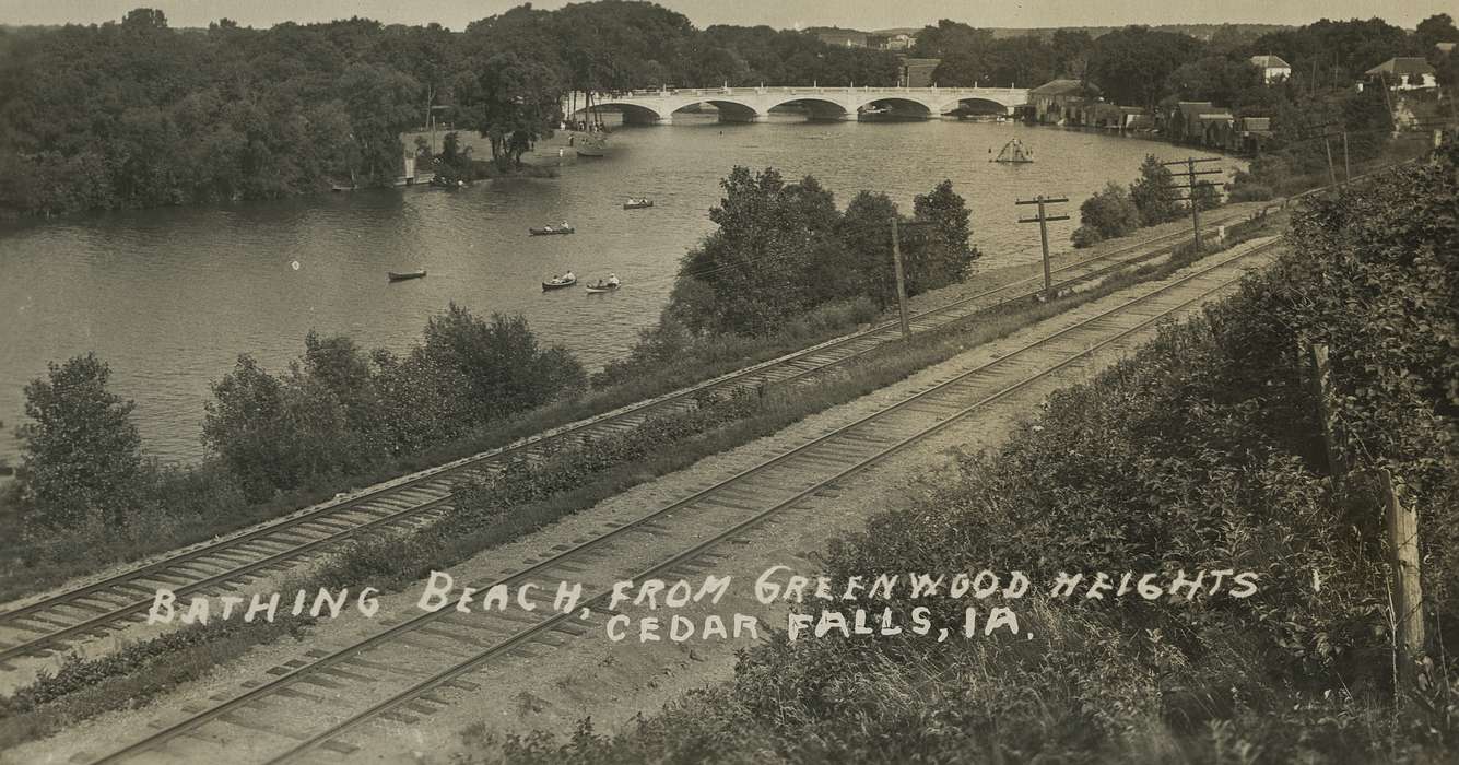 railroad track, Black Hawk, electrical pole, United States, riverbank, Photos, Iowa, Landscapes, historic, boat, Lakes, Rivers, and Streams, Cedar Falls, train track, bridge, City of Cedar Falls, history, IA, ia