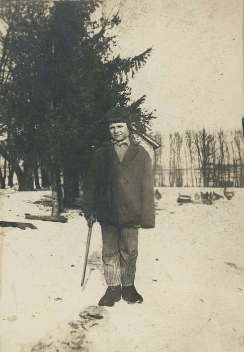 IA, Iowa History, hat, Children, history of Iowa, Portraits - Individual, coat, walking stick, Neessen, Ben, Iowa, snow