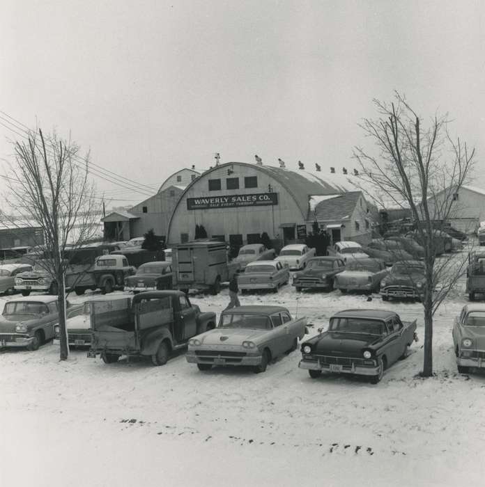 Waverly Public Library, history of Iowa, car, Winter, parking lot, correct date needed, Iowa, Iowa History, pickup truck, Waverly, IA, Motorized Vehicles, Businesses and Factories, snow