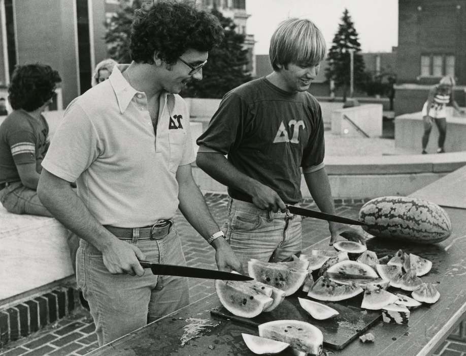 watermelon, university of northern iowa, delta tau, UNI Special Collections & University Archives, uni, Schools and Education, fraternity, Iowa History, Cedar Falls, IA, fruit, students, Food and Meals, campanile, Iowa, history of Iowa