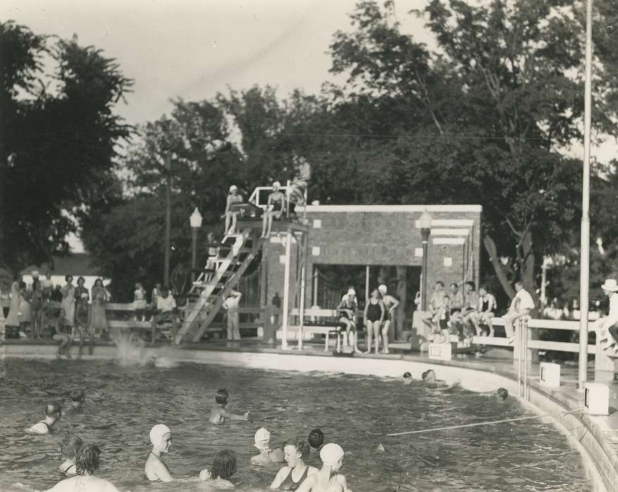 history of Iowa, Civic Engagement, Leisure, diving board, Iowa, Iowa History, swimming pool, Waverly Public Library, Outdoor Recreation, Waverly, IA, swimming, swimming cap