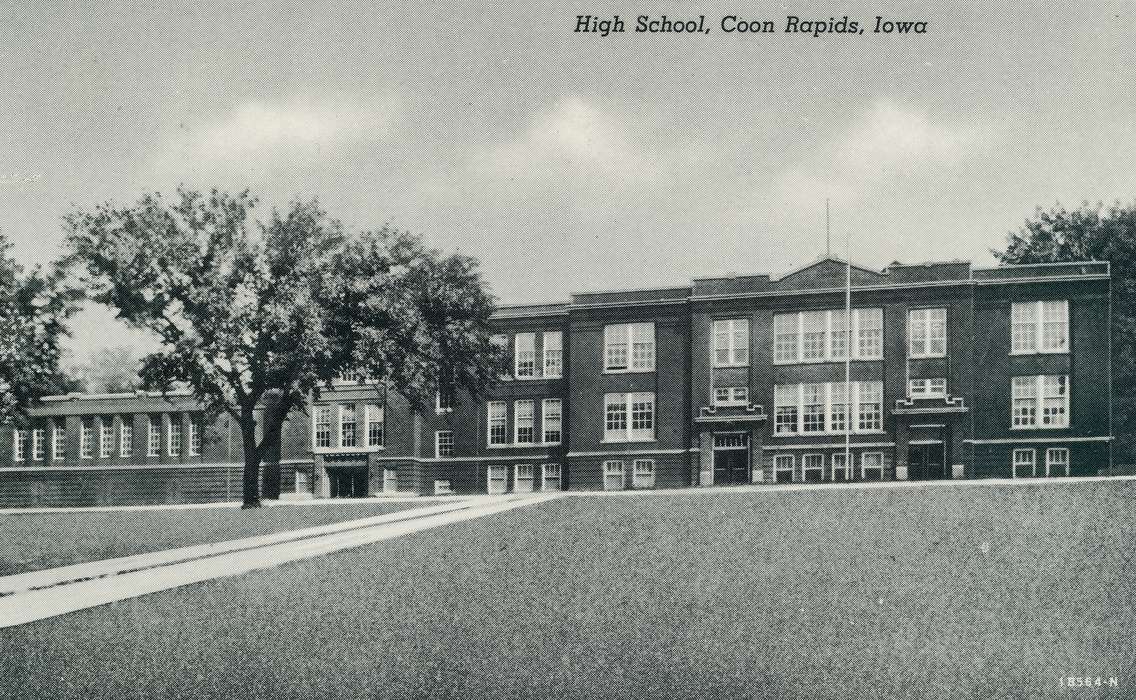 Coon Rapids, tree, Photos, Coon Rapids Enterprise, history, ia, IA, brick building, Cities and Towns, Iowa, Schools and Education, sidewalk, high school, historic, correct date needed, United States