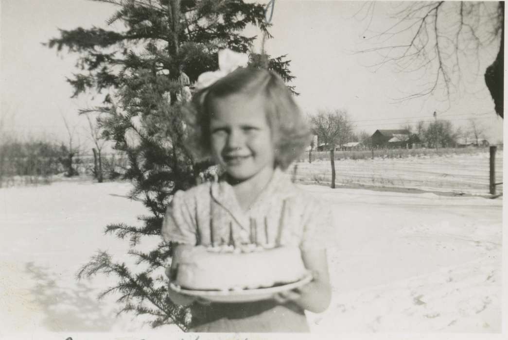 Children, cake, Holidays, snow, birthday, Iowa History, Frederika, IA, Winter, Portraits - Individual, Iowa, Meyer, Norma, Food and Meals, Farms, history of Iowa