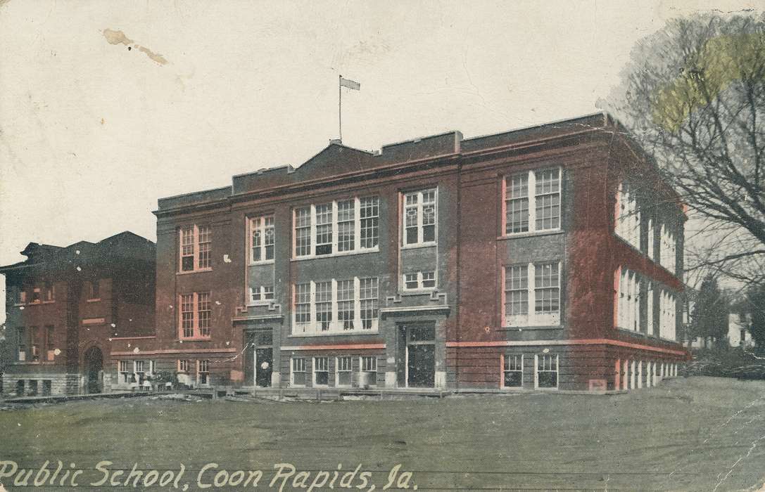 brick building, Schools and Education, correct date needed, Cities and Towns, flagpole, Coon Rapids Enterprise, sidewalk