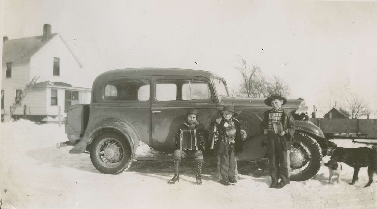 Children, snow, Iowa History, car, Hansen, Viola, drum, Winter, Iowa, IA, dogs, history of Iowa, trumpet, Motorized Vehicles, boys, accordion