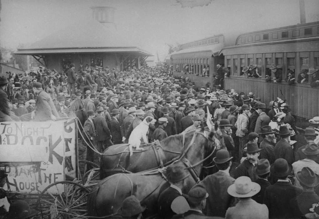 crowd, spanish american war, Military and Veterans, train, Iowa History, Iowa, horse and cart, Ottumwa, IA, Lemberger, LeAnn, history of Iowa, Train Stations, horses