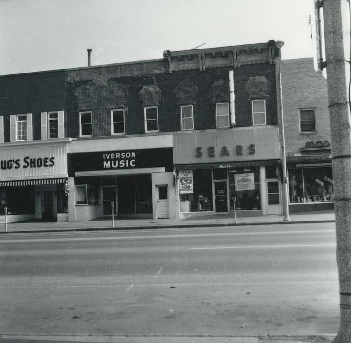 main street, Cities and Towns, Iowa History, history of Iowa, music store, Waverly Public Library, Iowa, clothing store, shoe store