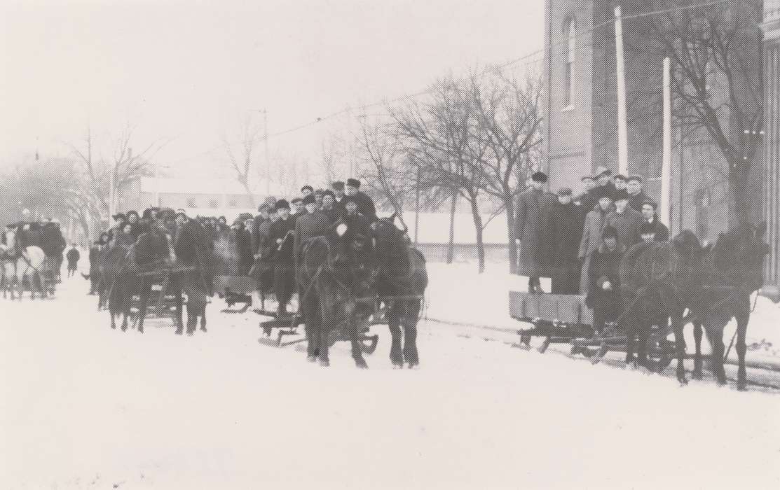 bobsled, snow, parade, Fairs and Festivals, Entertainment, horse, Iowa, Iowa History, Waverly Public Library, Cities and Towns, Civic Engagement, Animals, Portraits - Group, horse drawn, history of Iowa