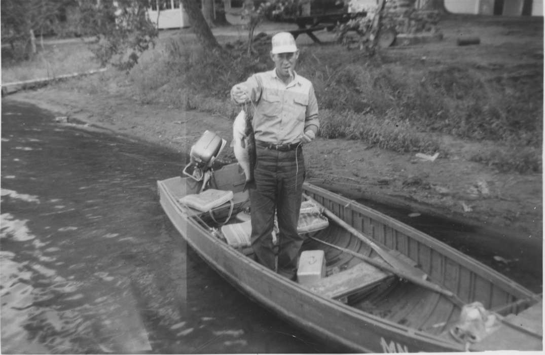boat, largemouth bass, fish, Portraits - Individual, Iowa History, Iowa, Leisure, Waytenick, Dave and Karen, history of Iowa, Dewar, IA, cigar, Lakes, Rivers, and Streams, river