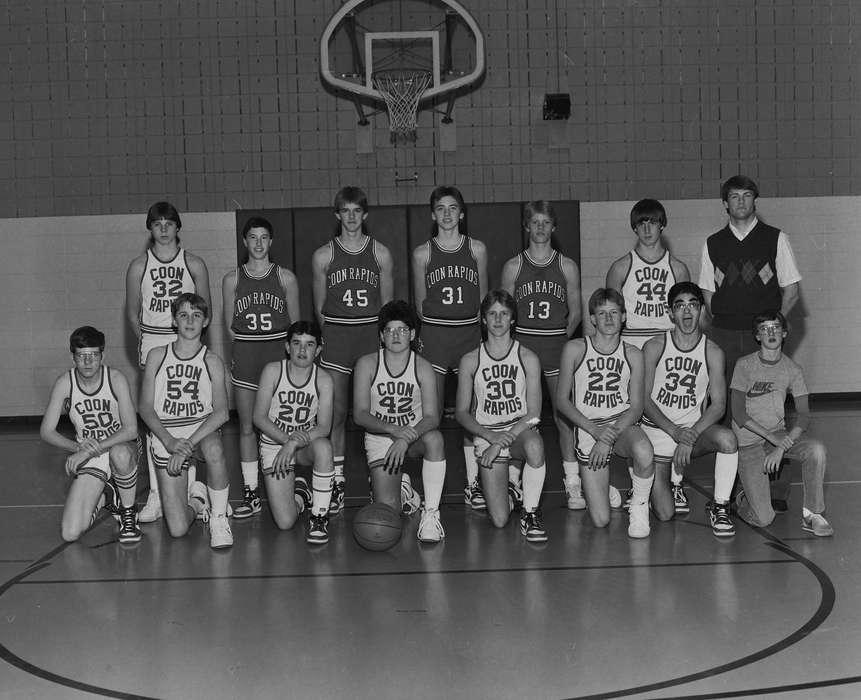 Portraits - Group, Schools and Education, history, basketball players, basketball court, Photos, Children, gym, Iowa, IA, basketball team, Sports, team, United States, basketball, basketball uniform, basketball hoop, ia, Coon Rapids Enterprise, historic, Coon Rapids