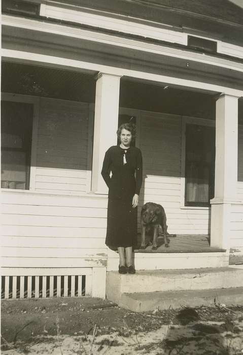 Animals, dog, Iowa History, Hansen, Viola, history of Iowa, IA, Portraits - Individual, porch, Homes, Iowa