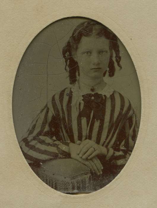 Olsson, Ann and Jons, chair, dropped shoulder seams, lace collar, Portraits - Individual, necklace, history of Iowa, girl, Iowa History, bishop sleeves, tintype, dress, curls, Iowa, Centerville, IA