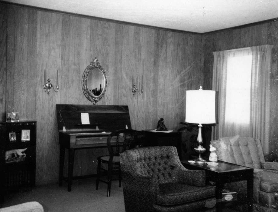 Karns, Mike, Homes, Iowa History, Cedar Rapids, IA, living room, piano, lamp, chair, Iowa, history of Iowa, mirror, curtain
