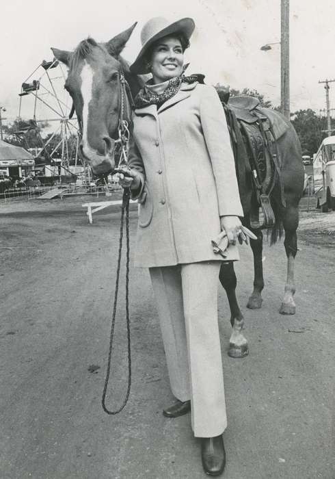 hat, Animals, Photos, history, ia, Civic Engagement, historic, horse, Iowa, Farms, woman, national cattle congress, cattle congress, IA, scarf, Portraits - Individual, pantsuit, Black Hawk, Waterloo, Fairs and Festivals, Grout Museum of History and Science, United States