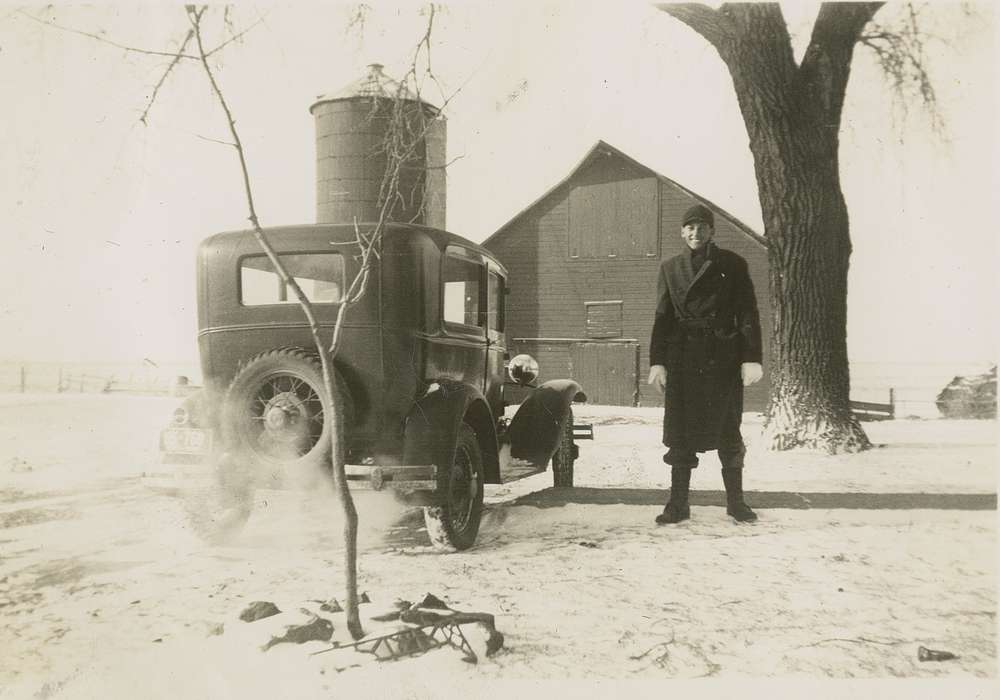 snow, Iowa History, car, Hansen, Viola, Portraits - Individual, Iowa, history of Iowa, IA, silo, Motorized Vehicles