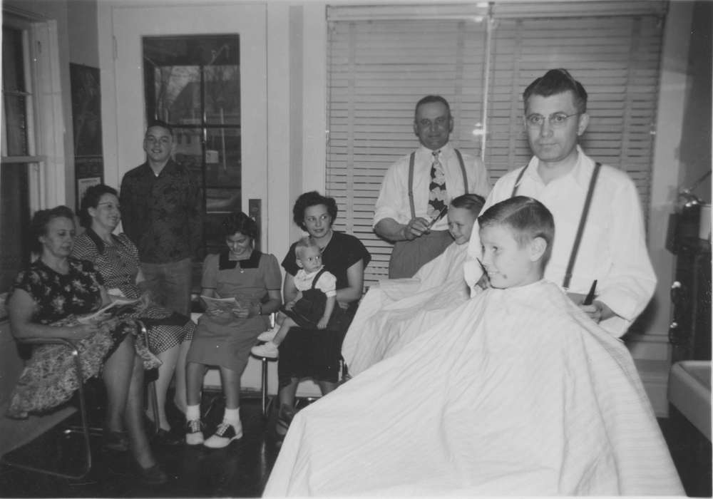 glasses, haircut, barber, tie, Businesses and Factories, saddle shoes, Children, Vaughn, Cindy, Iowa History, Families, Iowa, Cedar Rapids, IA, history of Iowa, barbershop, Labor and Occupations