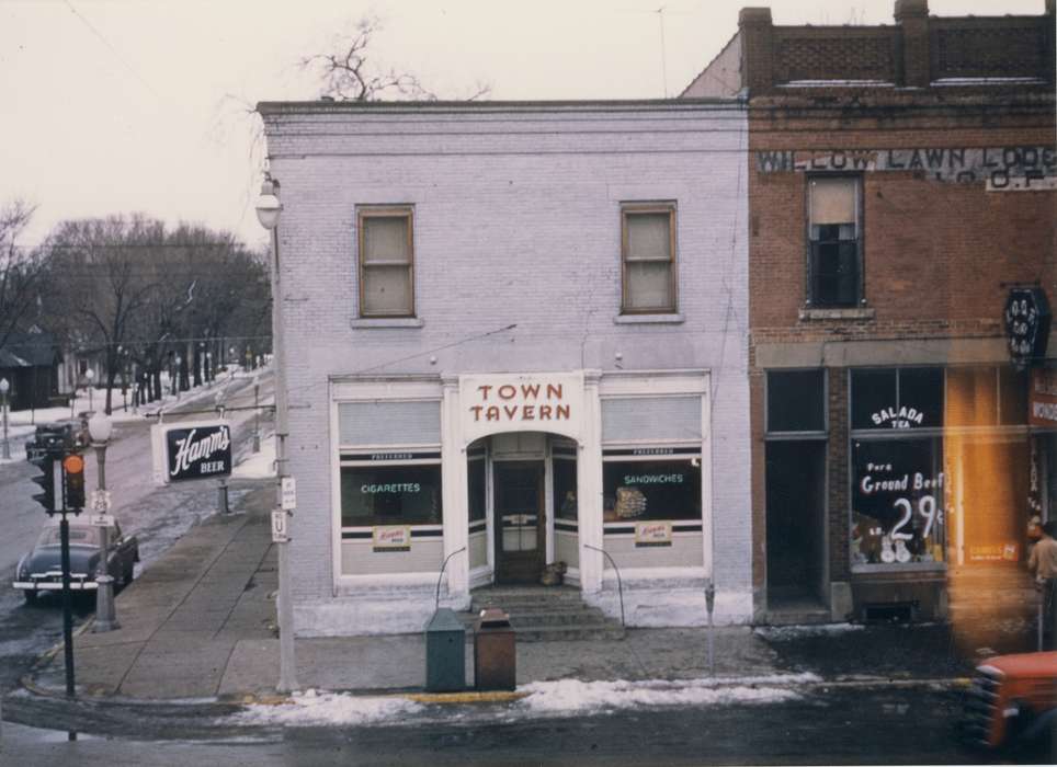 snow, business, car, correct date needed, Cities and Towns, Waverly Public Library, Winter, restaurant, Iowa, Motorized Vehicles, Bremer, historic, Photos, history, Businesses and Factories, Waverly, United States, ia, IA