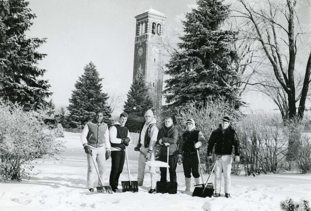 shovel, history of Iowa, snow, Leisure, Schools and Education, campanile, UNI Special Collections & University Archives, students, Portraits - Group, Cedar Falls, IA, Iowa History, state college of iowa, uni, Iowa, university of northern iowa, Winter, college