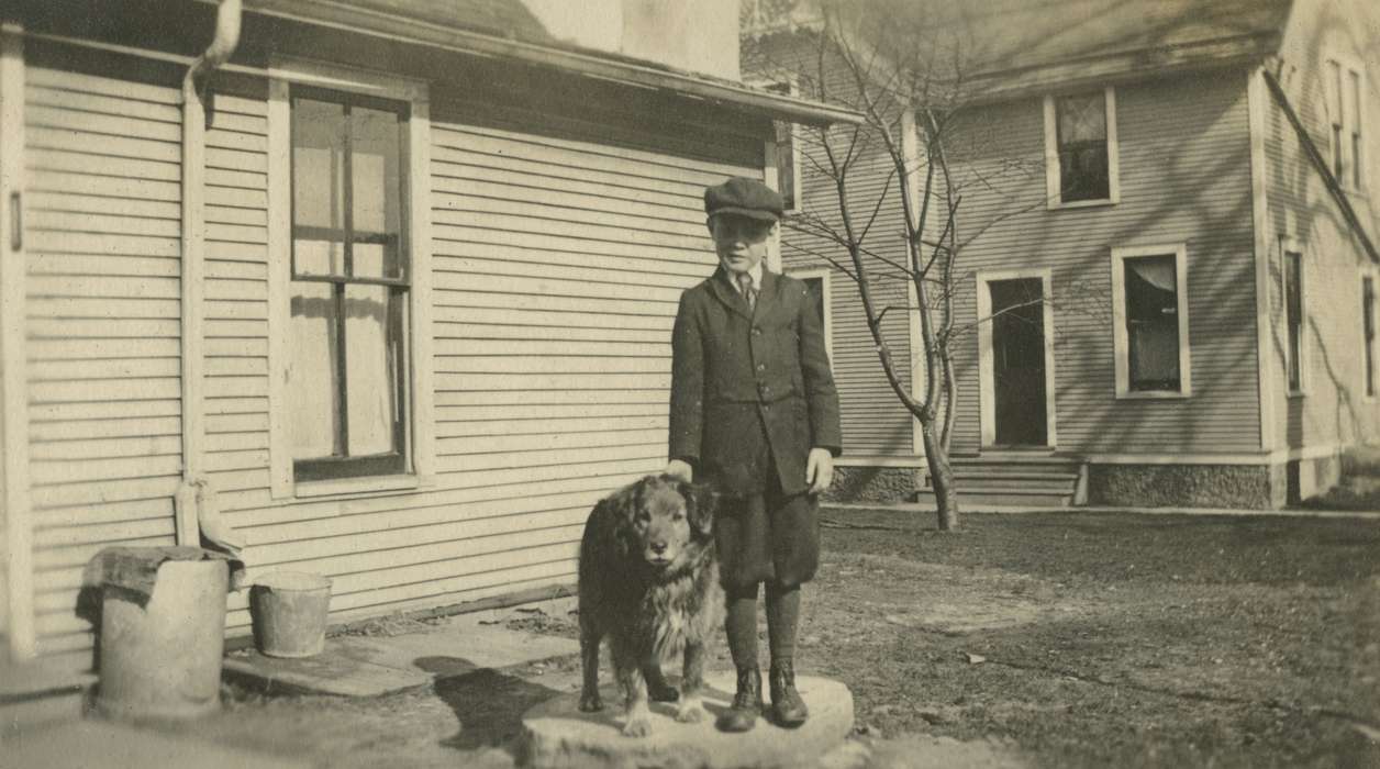 dog, house, tie, garbage can, Ackley, IA, Children, correct date needed, Iowa History, Mortenson, Jill, hat, Cities and Towns, Portraits - Individual, Animals, Iowa, boy, history of Iowa