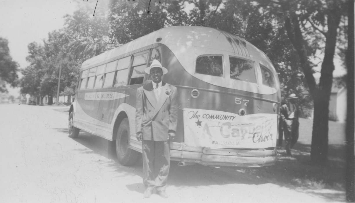 bus, Waterloo, IA, Portraits - Individual, african american, history of Iowa, suit, Iowa History, Motorized Vehicles, People of Color, Henderson, Jesse, choir, Iowa, tour, Religion