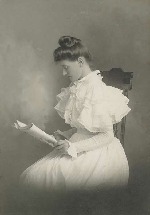 history of Iowa, Iowa History, young woman, correct date needed, Iowa, Portraits - Individual, Waverly Public Library, white dress, wooden chair