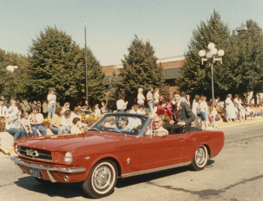 Fairs and Festivals, Cities and Towns, Iowa History, car, Denison, IA, parade, Gehlsen, Katie, Main Streets & Town Squares, crowd, Iowa, homecoming queen, mustang, history of Iowa, Motorized Vehicles
