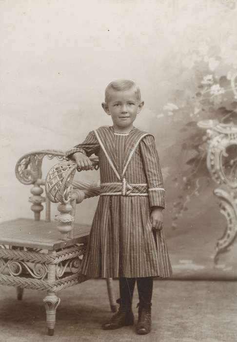 Portraits - Individual, correct date needed, wicker chair, Iowa, dress, Iowa History, history of Iowa, Waverly Public Library, boy, Children, leather boot
