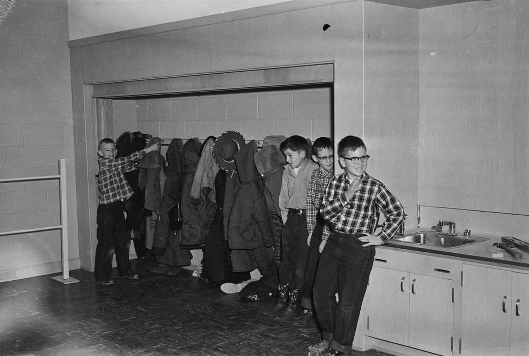 ia, Photos, Children, hat, United States, Iowa, Schools and Education, coat hook, boy, coat, cabinet, IA, Coon Rapids, plaid shirt, historic, history, sink, Portraits - Group, Coon Rapids Enterprise