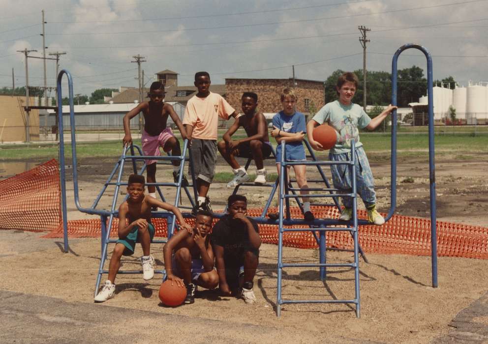 basketball, Leisure, Iowa, Schools and Education, Portraits - Group, Moore, Doris, jungle gym, Waterloo, IA, Iowa History, People of Color, history of Iowa, Children, african american
