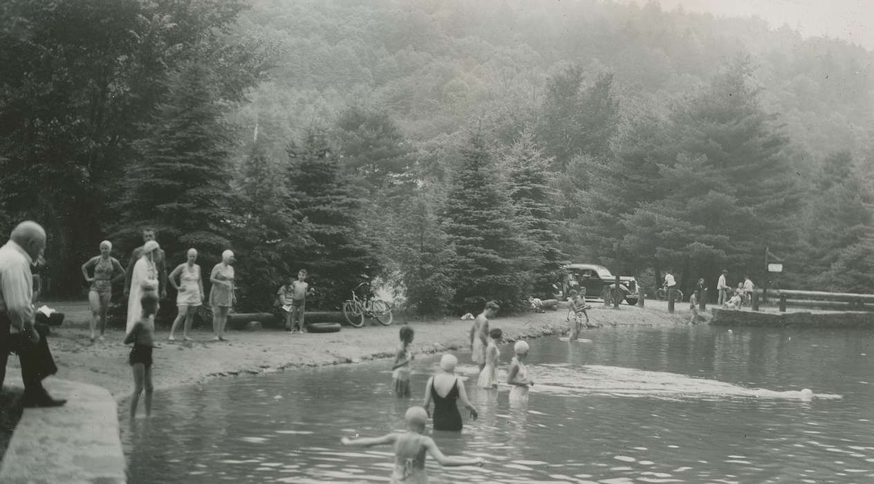 pond, Travel, USA, swimsuit, swimming cap, car, tree, Iowa, Leisure, evergreen, McMurray, Doug, Iowa History, Motorized Vehicles, history of Iowa, bathing suit, bicycle, Outdoor Recreation, Children, Families, swimming suit