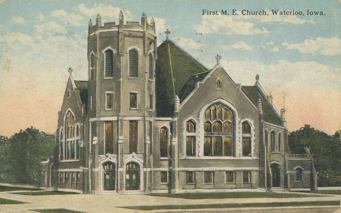 ia, IA, history, postcard, Religious Structures, Waterloo, historic, church, Olsson, Ann and Jons, methodist church, Iowa, Black Hawk, United States, Photos