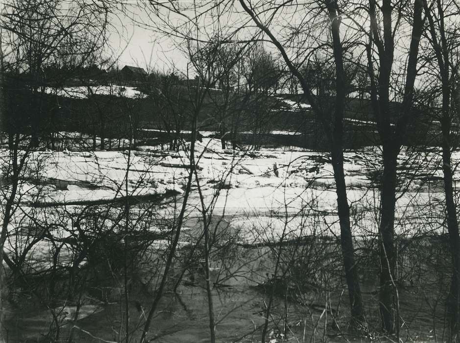 flooding, Landscapes, tree line, snow, correct date needed, Waverly Public Library, Floods, river, Waverly, IA, Iowa History, Lakes, Rivers, and Streams, Iowa, Aerial Shots, history of Iowa