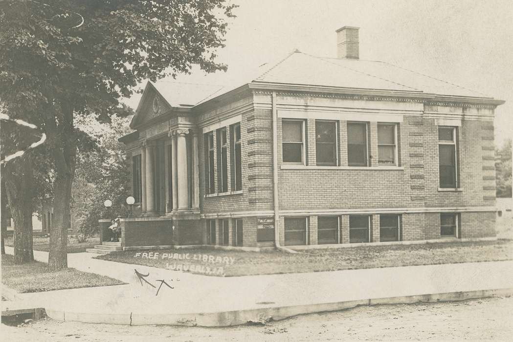 outside lights, waverly public library, Iowa History, Schools and Education, library, sidewalk paved, Businesses and Factories, brick building, history of Iowa, front steps, plaque, Meyer, Mary, columns, pillars, Iowa