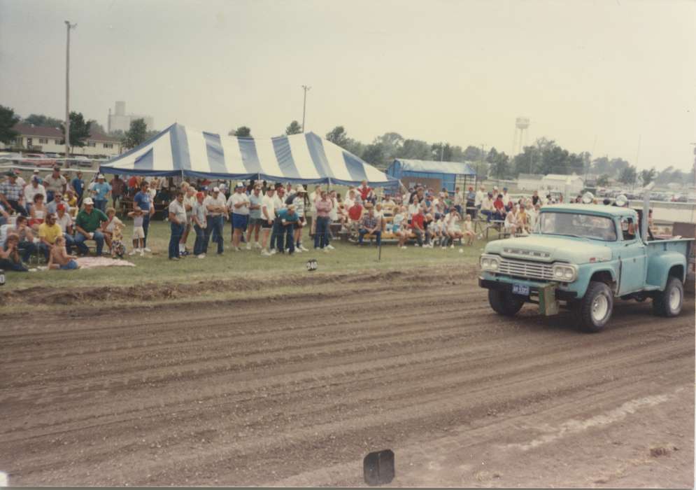 history of Iowa, racetrack, Iowa History, truck, Motorized Vehicles, Meyer, Susie, Readlyn, IA, truck pull, Iowa, crowd, Fairs and Festivals, Outdoor Recreation, tent, ford