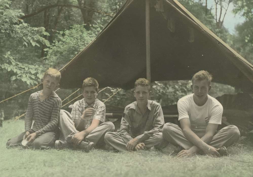 boy scouts, camp, colorized, scouts, Iowa, Children, Iowa History, tent, Webster, IA, Outdoor Recreation, McMurray, Doug, Portraits - Group, history of Iowa