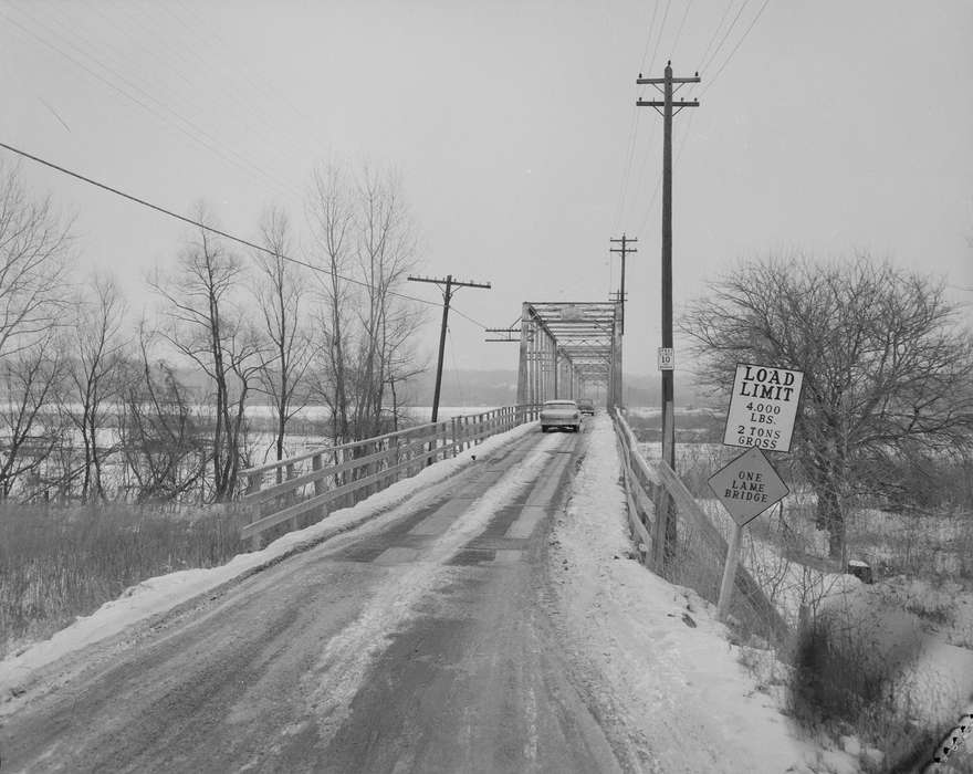 Winter, bridge, snow, history of Iowa, car, Iowa History, sign, telephone pole, Motorized Vehicles, Ottumwa, IA, Iowa, Lemberger, LeAnn